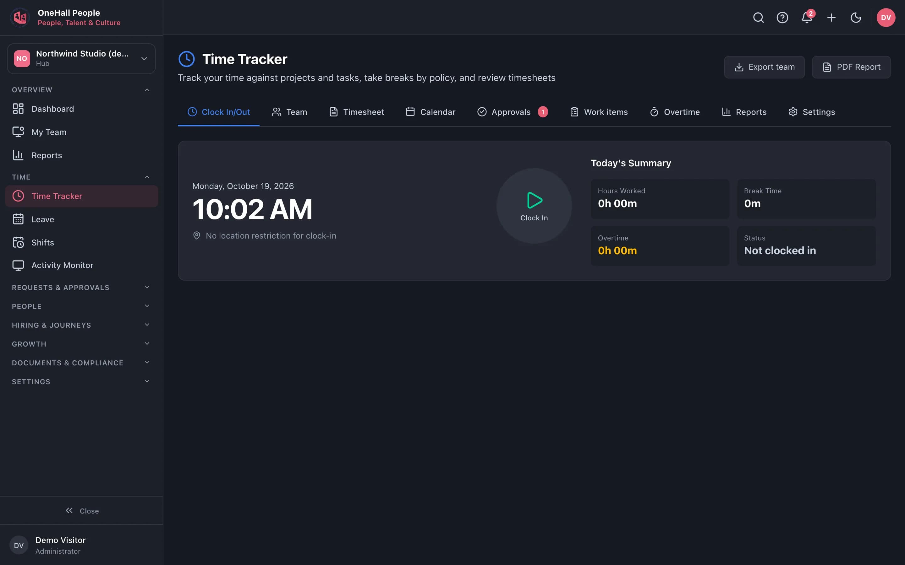 OneHall People Time Tracker with clock in, today’s summary and team attendance, from the demo sandbox
