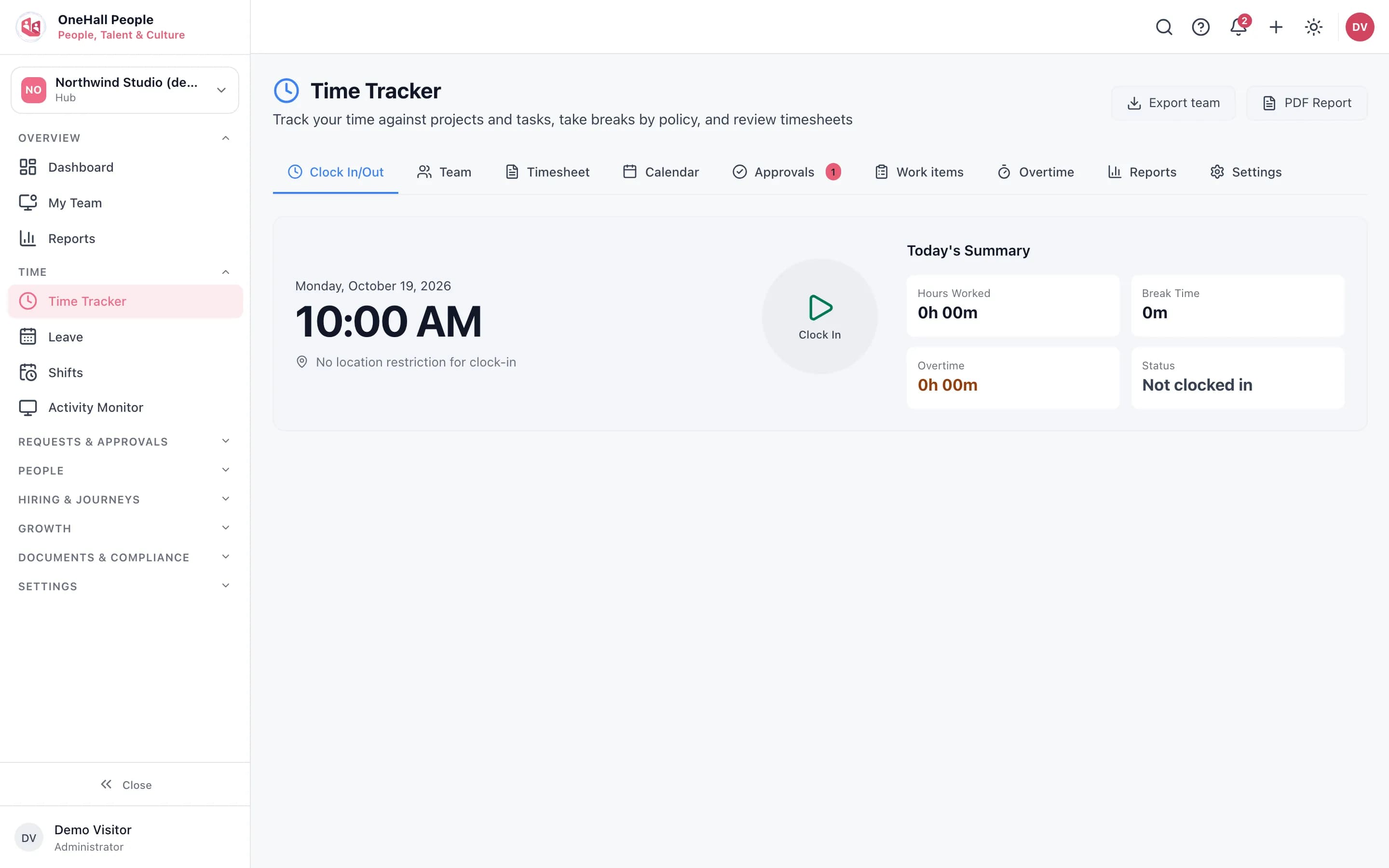 OneHall People Time Tracker with clock in, today’s summary and team attendance, from the demo sandbox